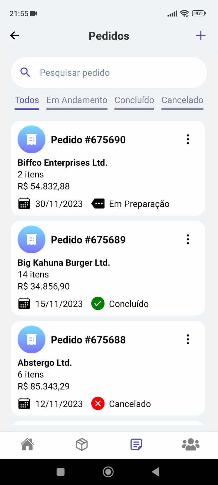 Tela do aplicativo Força de Vendas mostrando lista de pedidos